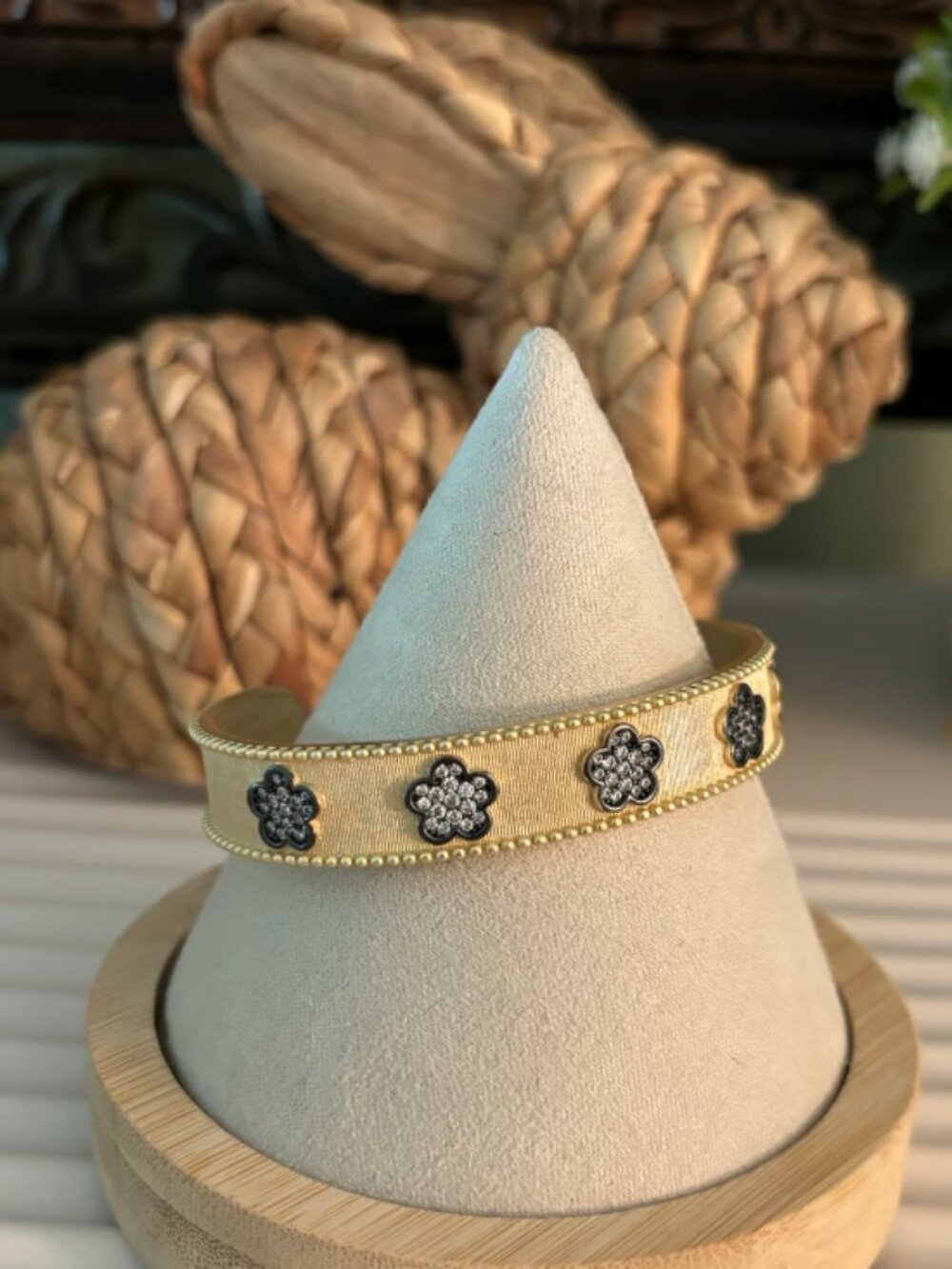 Gold and CZ Flower Cuff Bracelet